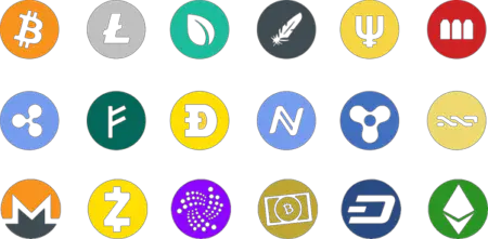 A collection of various cryptocurrency logos represented in different colors and styles, including bitcoin, ethereum, and litecoin, among others. Each logo is enclosed in a colored circle, highlighting the diverse legal implications of