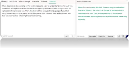 Screenshot of the Paraphraser.io interface with two panels: the left panel contains original text and the right panel shows the paraphrased version. Labels and buttons for editing options are visible.