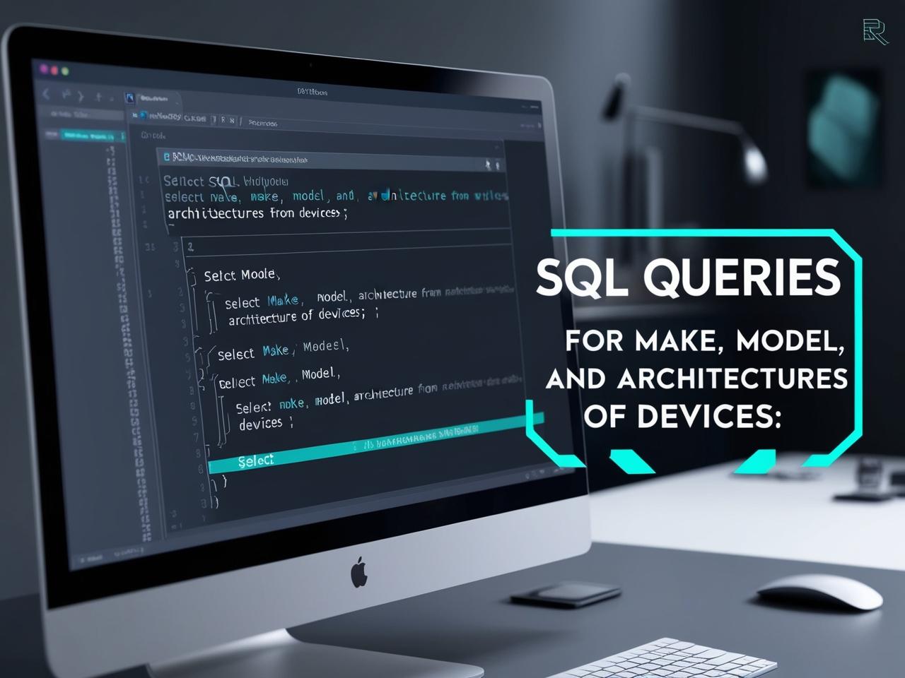 An image showing a computer screen displaying SQL queries related to device make, model, and architecture. The screen should have an open SQL editor with queries like 'SELECT make, model, arc