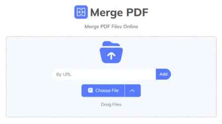 Screenshot of a webpage titled "Merge PDF" with options to add PDF files by URL or to upload from local storage by clicking "choose file" or dragging files into the designated area.