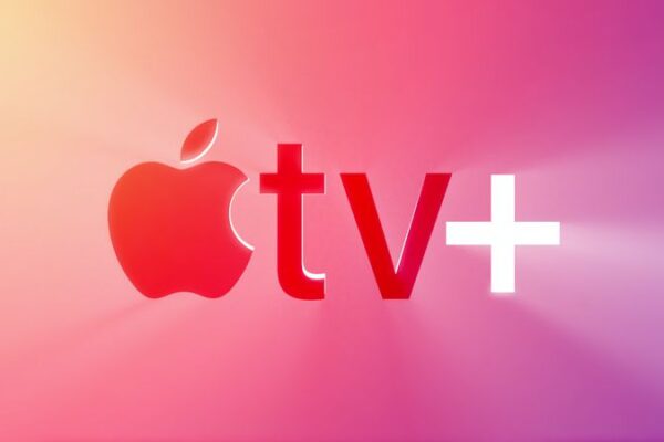 The Apple TV logo featuring a red "TV+" text next to a white apple logo, all set against a gradient pink and purple background.