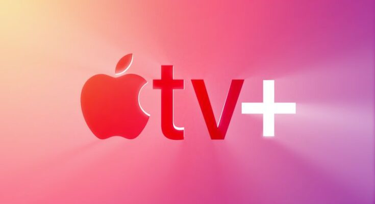 The Apple TV logo featuring a red "TV+" text next to a white apple logo, all set against a gradient pink and purple background.