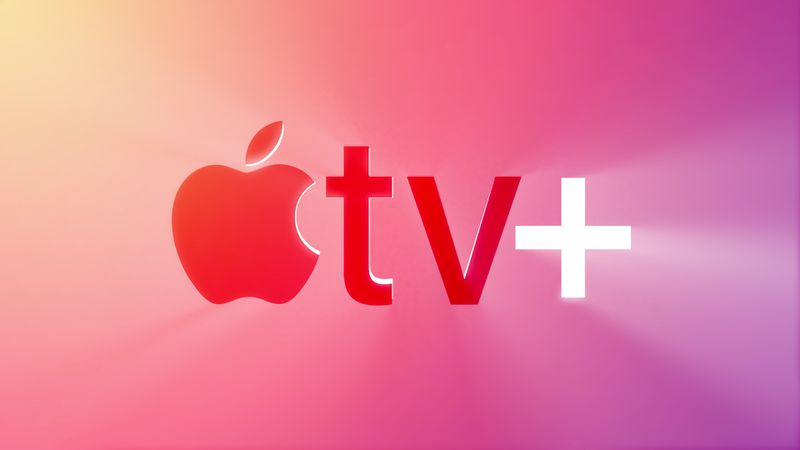 The Apple TV logo featuring a red "TV+" text next to a white apple logo, all set against a gradient pink and purple background.
