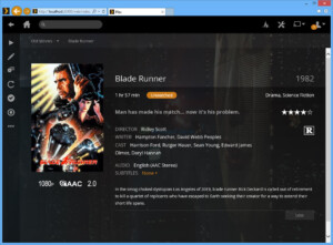 A screenshot of a Plex movie player interface displaying the film "Blade Runner" from 1982. The screen shows movie details like duration, genre, and rating, along with cast names and a