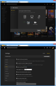 Screenshot of a Plex media library setup interface with multiple tabs such as home, shows, movies, music, and settings panel displaying options for library updates and file scanning preferences.