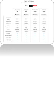 Comparison chart for subscription plans labeled "plans & pricing," featuring four distinct plans (free student, free basic, pro annual, free annual). It provides details on feature access and costs.