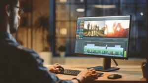 A person editing a TikTok video on a computer with multiple clips displayed on the screen, depicting scenes of people outdoors at sunset, in an office setting.