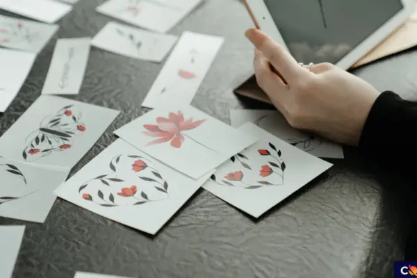 A person holding a stylus above a digital tablet, surrounded by various artistic floral cards laid out on a gray surface at Cosmicslot.