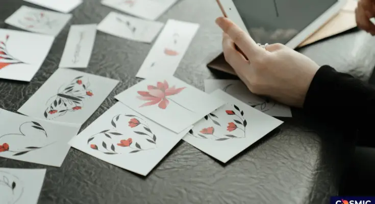 A person holding a stylus above a digital tablet, surrounded by various artistic floral cards laid out on a gray surface at Cosmicslot.