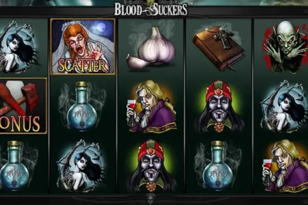 An online casino game screen titled "blood-suckers" featuring gothic themed symbols including vampires, holy water, a bible, garlic, and supernatural beings, displayed on a dark, ornate background