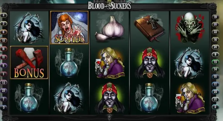 An online casino game screen titled "blood-suckers" featuring gothic themed symbols including vampires, holy water, a bible, garlic, and supernatural beings, displayed on a dark, ornate background