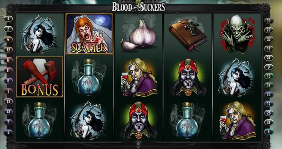An online casino game screen titled "blood-suckers" featuring gothic themed symbols including vampires, holy water, a bible, garlic, and supernatural beings, displayed on a dark, ornate background