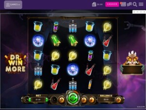 An online casino game screen displaying colorful, science-themed symbols such as flasks and test tubes. A quirky robot scientist is near the reels. Buttons for betting and balance are visible at the bottom.