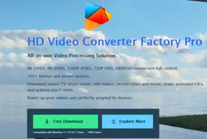 A promotional screenshot of WonderFox HD Video Converter Factory Pro software, featuring a scenic backdrop of clouds and water, highlighting its video processing capabilities with buttons for a free download and more information.