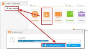 Screenshot of the WonderFox HD Video Converter software interface highlighting the "new download" button and the process to paste and analyze a YouTube URL in the video converter's URL field.