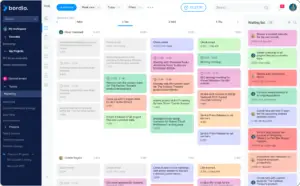 A screenshot of the bordio project management software interface, featuring AI solutions, displaying various tasks and communications in a well-organized, color-coded layout with multiple panels and widgets.