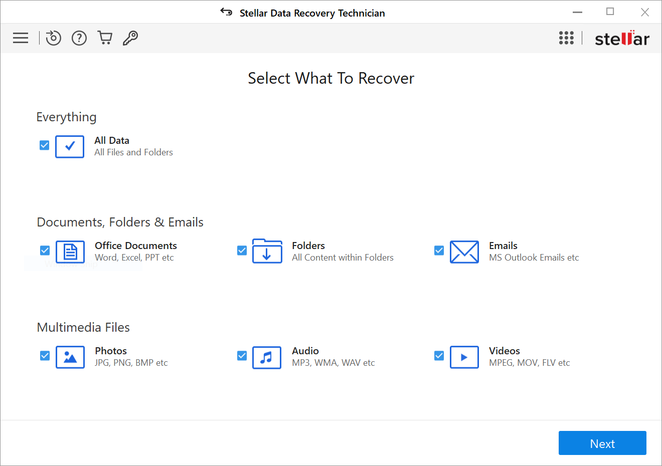 Screenshot of RAID data recovery technician software interface showing options to select file types for recovery, including documents, folders, emails, photos, and multimedia files.