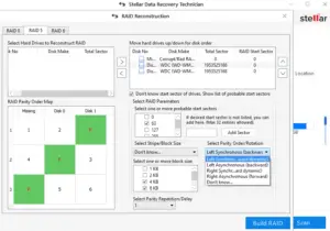 Screenshot of stellar data recovery technician software interface showing RAID 6 reconstruction setup with various selectable options and disk mapping for RAID data recovery.