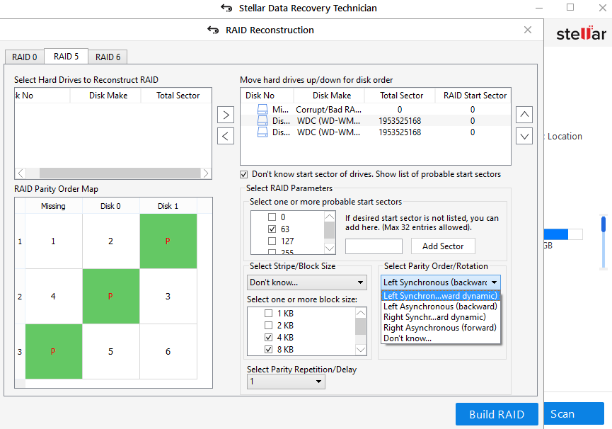 Screenshot of stellar data recovery technician software interface showing RAID 6 reconstruction setup with various selectable options and disk mapping for RAID data recovery.