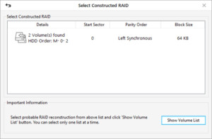 A screenshot of a "select constructed RAID Data" software interface showing options for raid details, start sector, parity order, and block size, with buttons for additional settings and information.