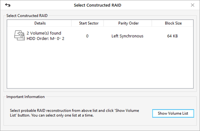 A screenshot of a "select constructed RAID Data" software interface showing options for raid details, start sector, parity order, and block size, with buttons for additional settings and information.