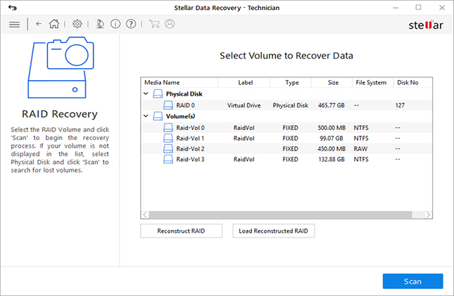 Screenshot of RAID Data Recovery software interface, displaying RAID recovery options with a list of available disks and their respective sizes and file systems, and buttons for RAID reconstruction and scanning.