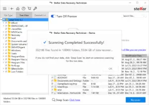 Screenshot of stellar data recovery technician software scanning for RAID recoverable files on a computer, displaying the scanning progress and a list of potentially recoverable documents.