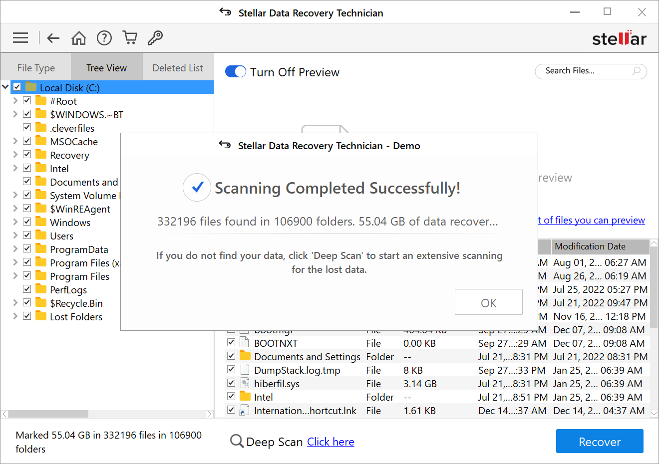 Screenshot of stellar data recovery technician software scanning for RAID recoverable files on a computer, displaying the scanning progress and a list of potentially recoverable documents.