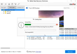 Screenshot of the RAID data recovery software interface, showing a pop-up window for saving files to a folder, with a blurred background of file recovery details.