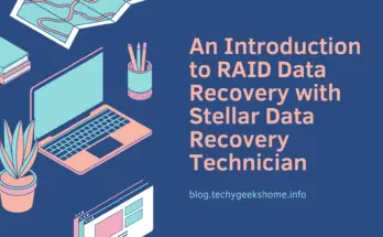 Illustration of a laptop, potted plant, books, map, and stationery on a desk; text promotes an article on RAID data recovery with stellar data recovery technician.