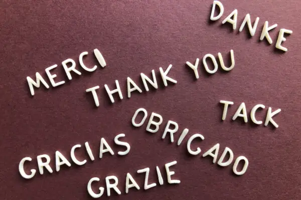 Languages "thank you" in various tongues, including "merci," "danke," "tack," "gracias," "obrigado," and "grazie," arranged on a