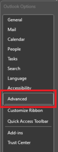 Screenshot of Outlook settings menu with the "advanced" option highlighted in a red box, among other options like mail, calendar, tasks, people, and trust center.