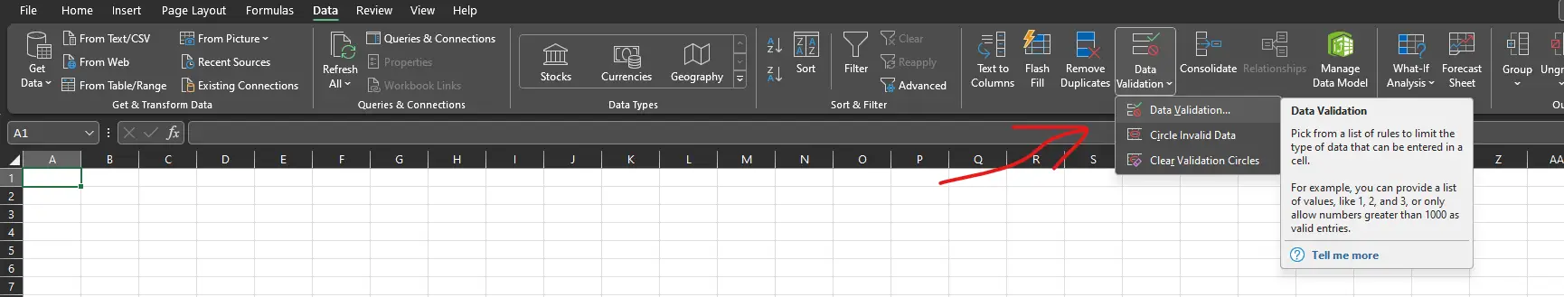 A screenshot of a Microsoft Excel interface showing an arrow pointing towards the "Data Validation" button under the "Data" tab on the toolbar, used for creating drop-down lists in visible gridlines and cells