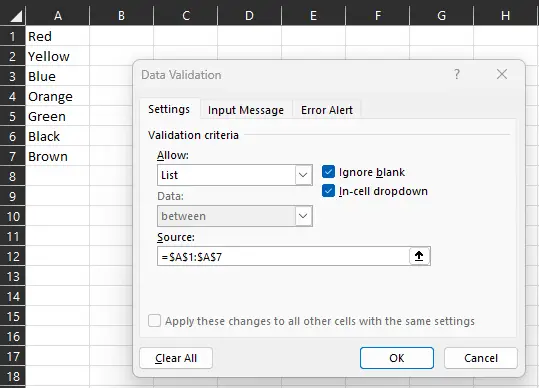 Screenshot of Microsoft Excel data validation dialog box open with settings for a list that includes drop-down options: red, yellow, blue, orange, green, and black, shown in column A. Fields are