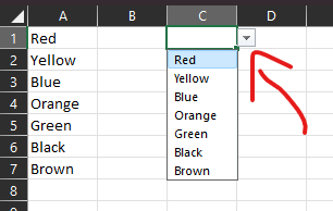 A screenshot of a Microsoft Excel spreadsheet with two columns filled with color names such as red, blue, orange, paired side by side and highlighted, with a red arrow pointing from column A to