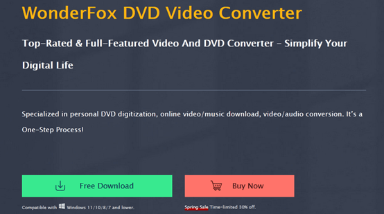 WonderFox DVD Video Converter screenshot with free download button and buy now buttons