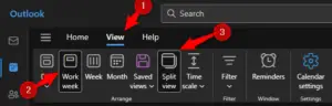 Microsoft Outlook Calendar View Ribbon Bar - Split View Enabled
