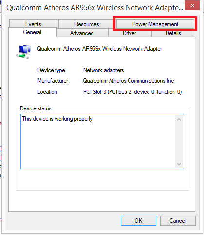 2 The Power Management tab in wireless adapter properties