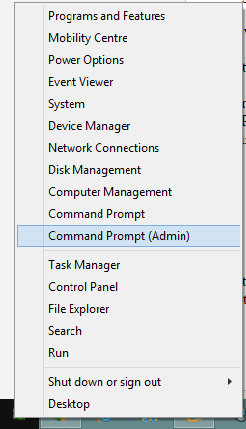 Right click Start button Windows 10 Command Prompt Admin