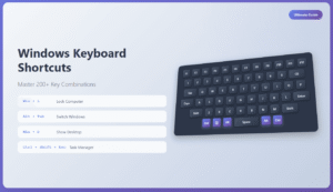 Ultimate guide to Windows keyboard shortcuts showing 200+ key combinations for Windows 10 and 11 productivity
