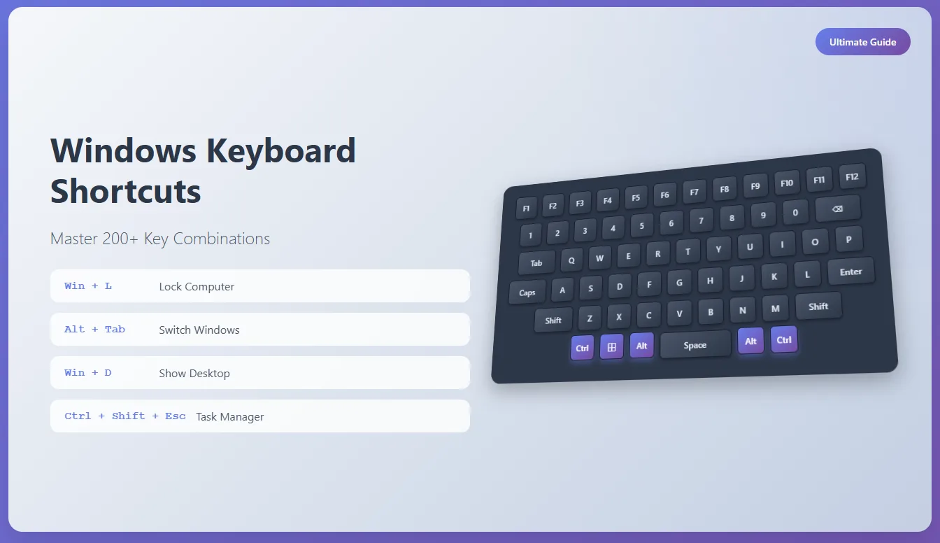 Ultimate guide to Windows keyboard shortcuts showing 200+ key combinations for Windows 10 and 11 productivity