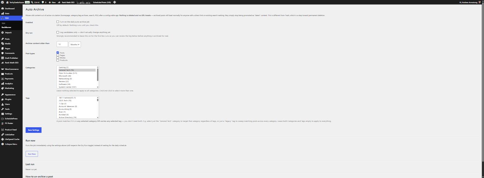 bb settings 1 BackBurner Post Archiver settings screen showing age threshold, post type and category/tag scope options