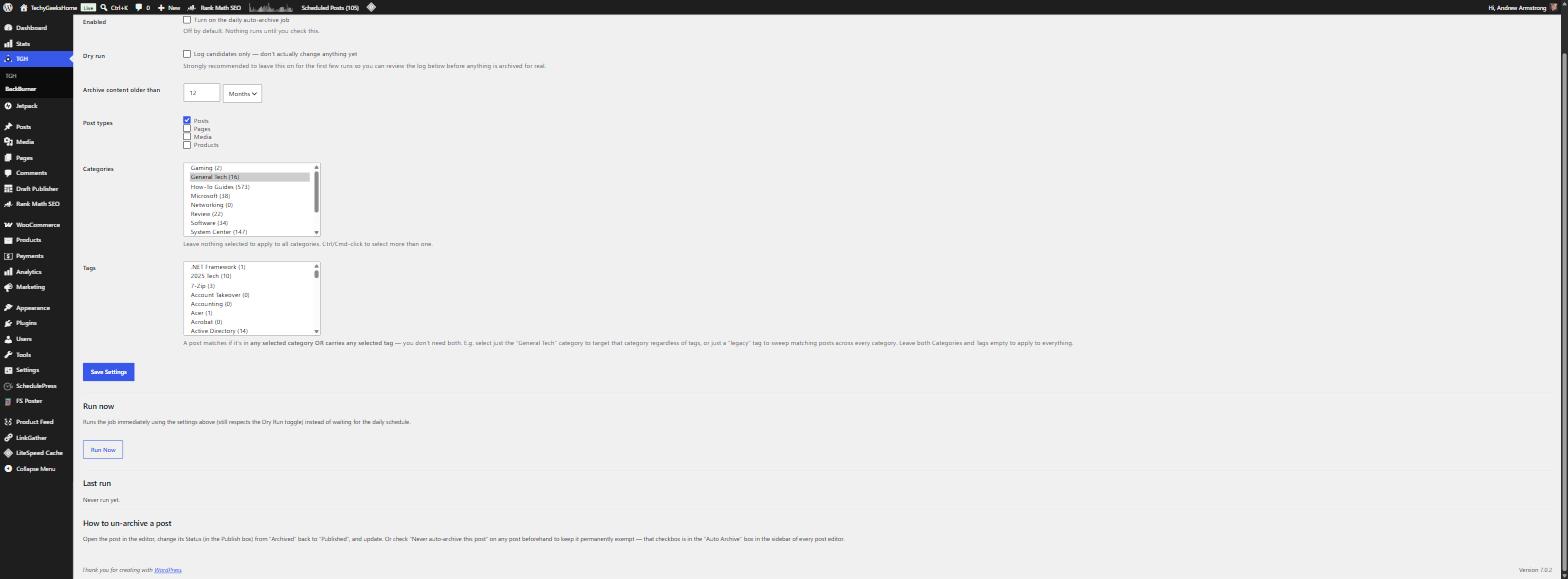 bb settings 2 BackBurner Post Archiver Run Now and Last Run status section with un-archive instructions