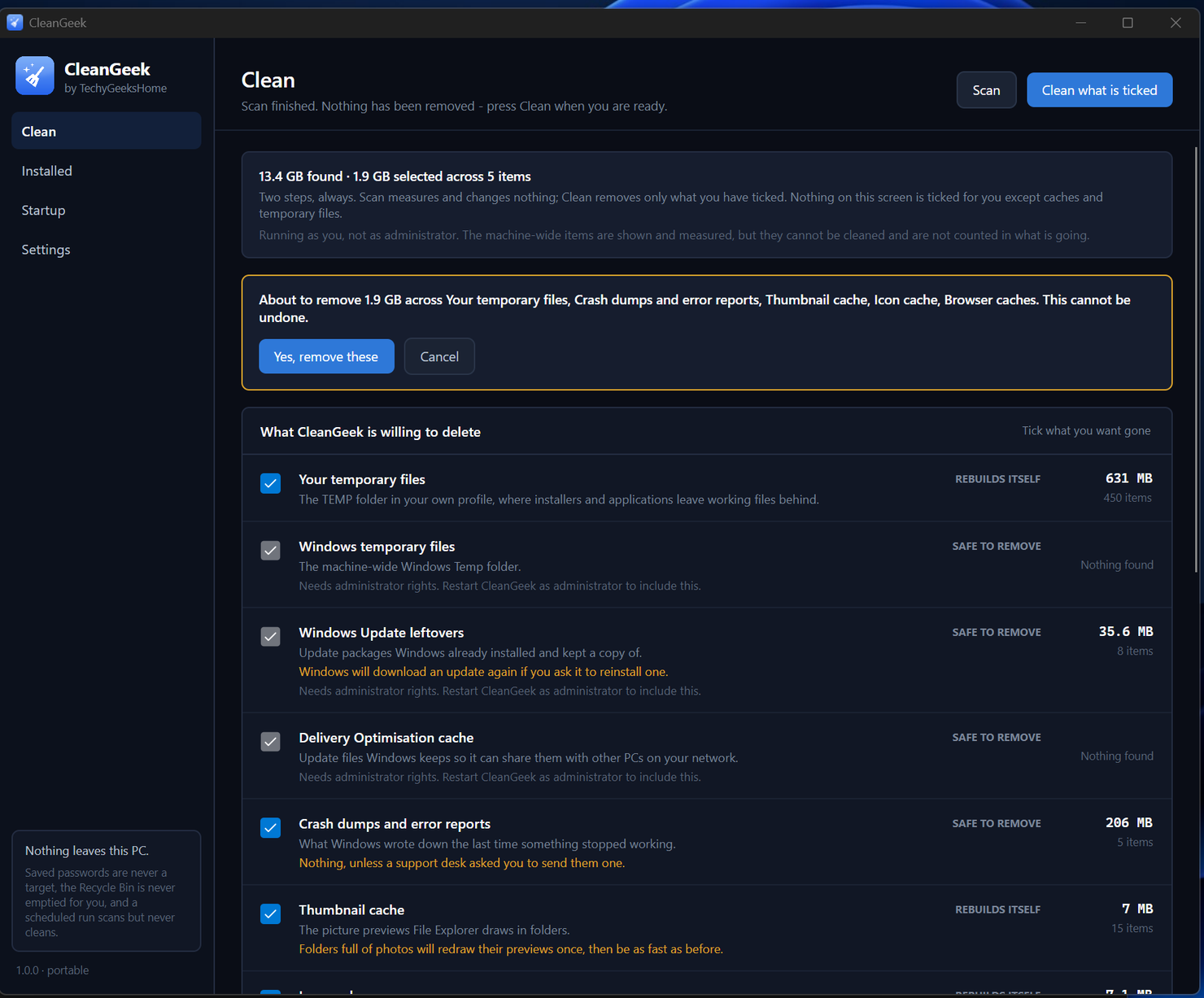 cleangeek confirm The CleanGeek confirmation strip, naming exactly what is about to be removed