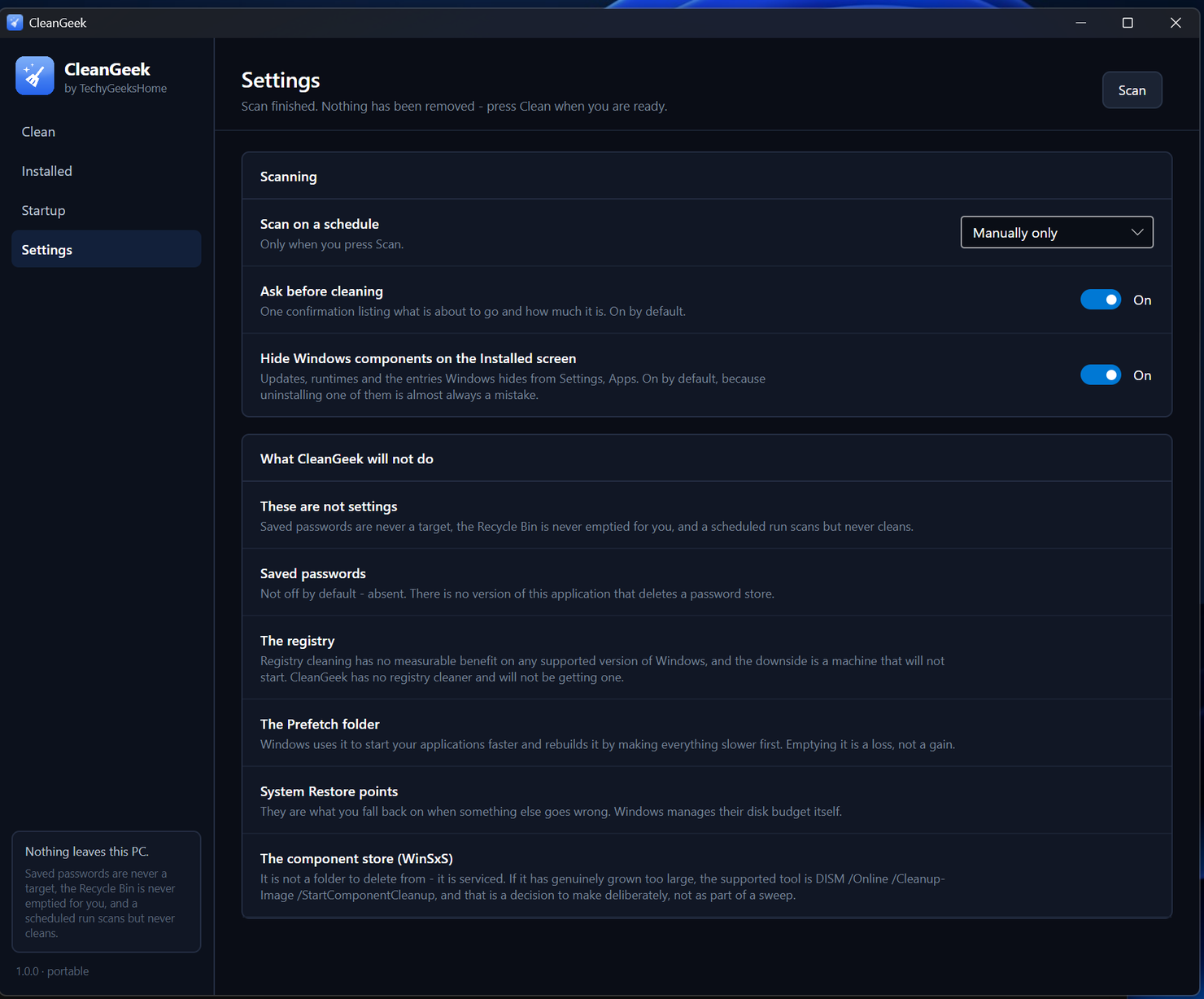 cleangeek settings The CleanGeek Settings screen
