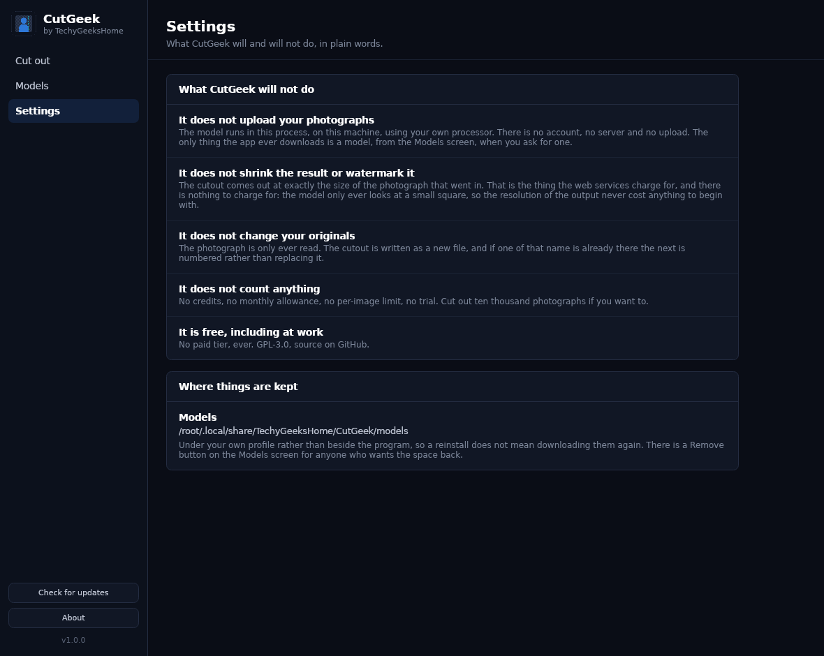 The Settings screen — what CutGeek will not do, in plain words