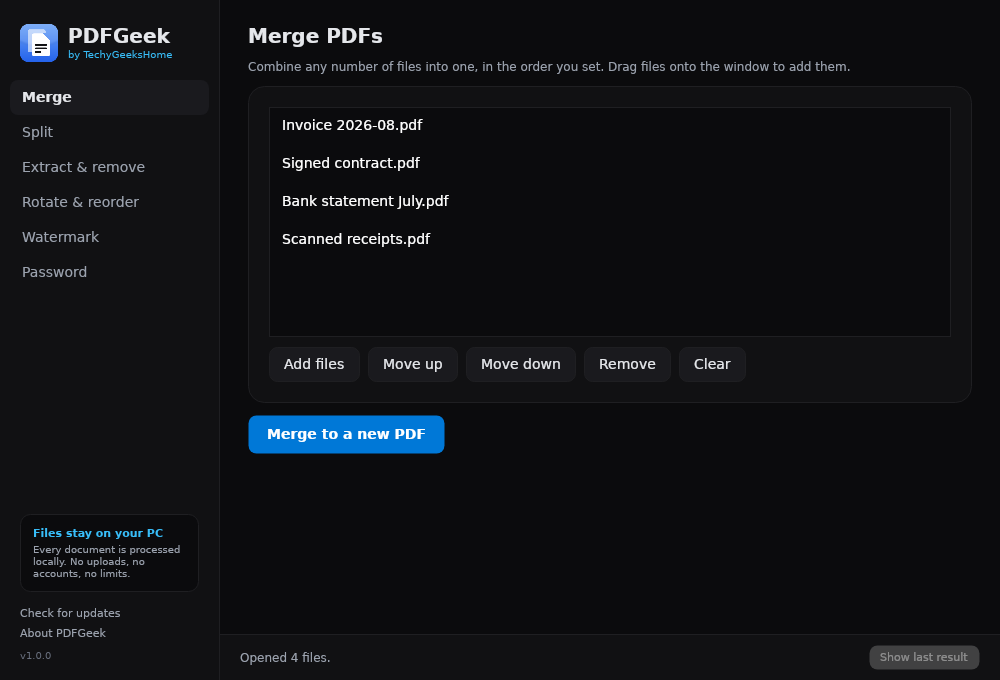 pdfgeek merge Merging several PDFs into one, in the order you set