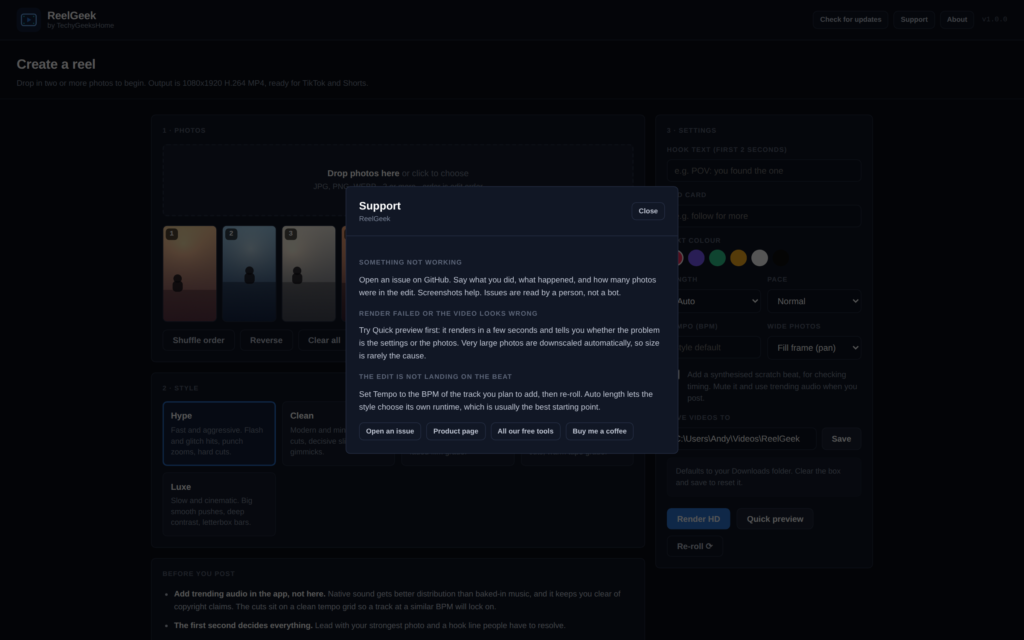 Built-in support notes, so help is in the app not just on the site