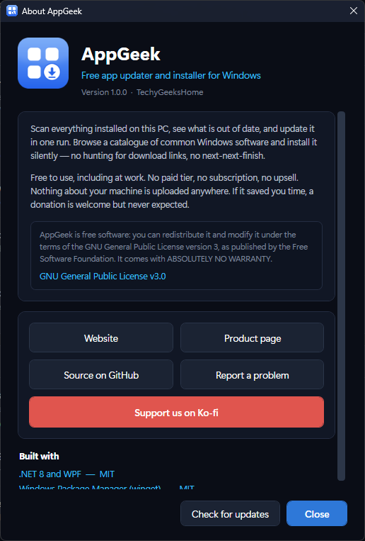 screenshot about Free software under the GPL-3.0, with nothing uploaded anywhere