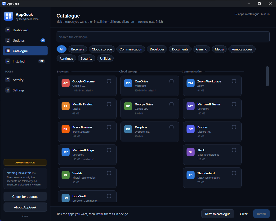 screenshot catalogue A catalogue of 67 common applications, sorted by category